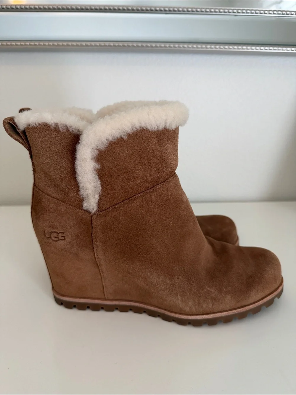 UGG Chestnut Suede Ankle Boots with Cream Shearling Trim